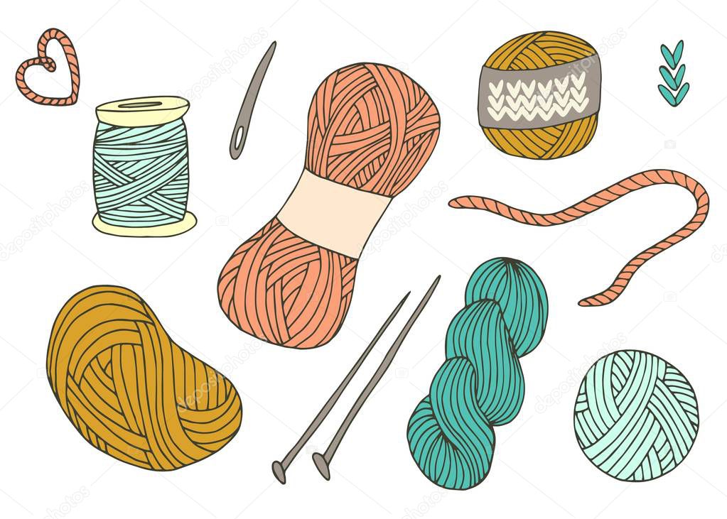 Knitting yarn balls set in hand drawn style. For print, logo, creative design. Vector illustration. Isolated on white