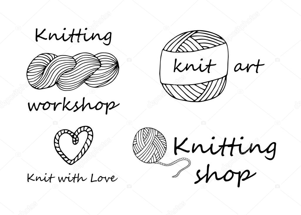 Knitting yarn logo set in hand drawn style. For shop, knitters snd creative design. Vector illustration. Isolated on white