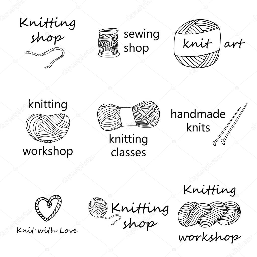 Knitting yarn logo set in hand drawn style. For shop, knitters snd creative design. Vector illustration. Isolated on white