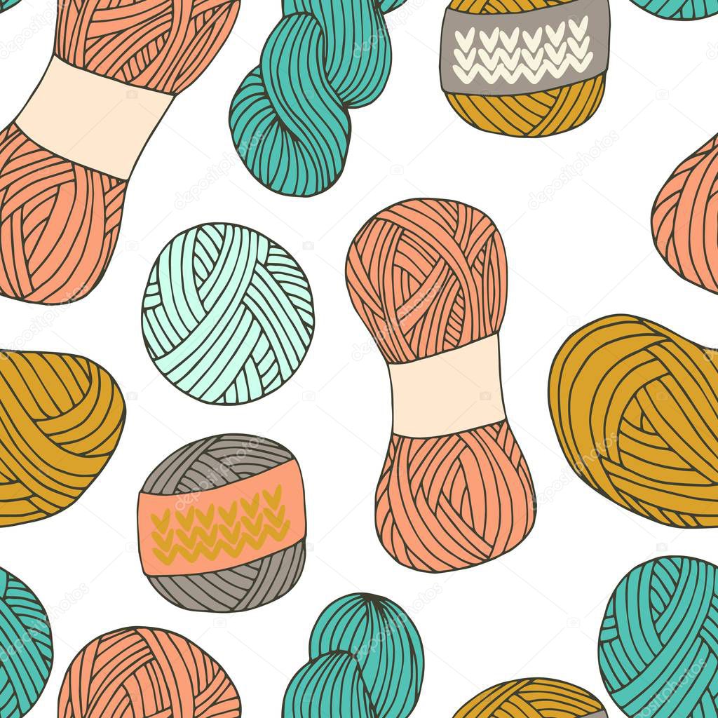 Knitting yarn balls seamless pattern in hand drawn style. For print, textile and creative design. Vector illustration. 