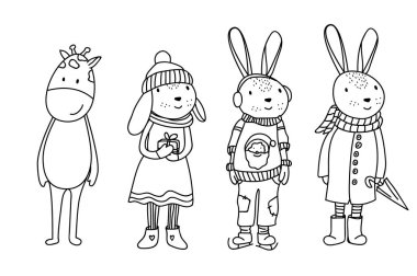 Komik tavşan ve zürafa karakter karikatür tarzı. Vektör çizim. 