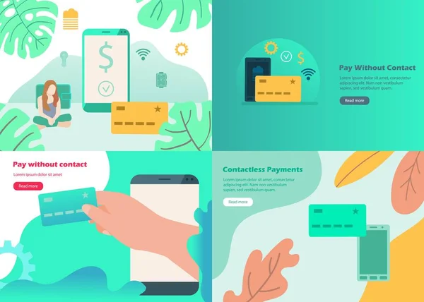 Kontaktlösa Betalningar Web Banners Med Kortet Och Smartphone Ikoner Platt — Stock vektor