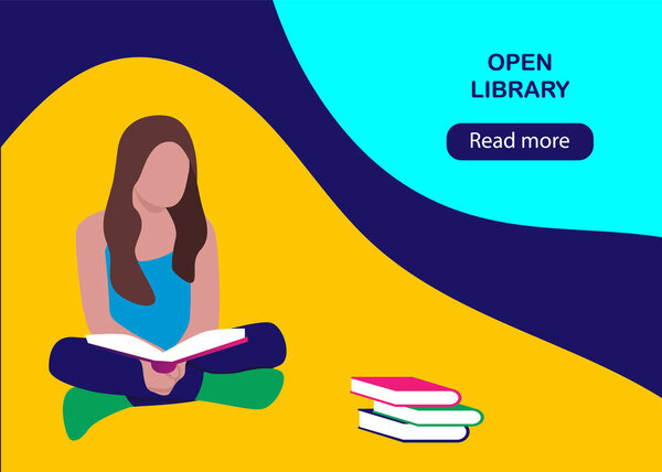 Девушка в библиотеке читает книгу - баннер в плоском стиле. Векторная иллюстрация

