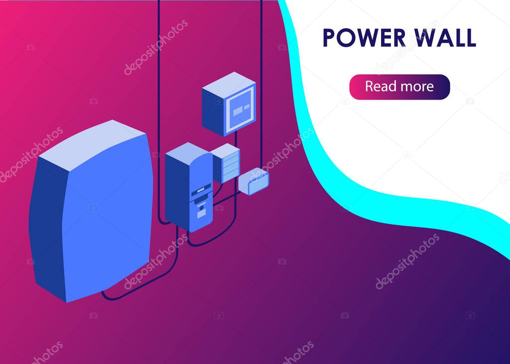 Power wall concept in modern isometric style. Vector illustration. For web, banner, shop.