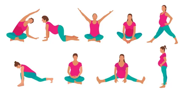 Schwangere üben Yoga-Figuren im modernen Cartoon-Stil. — Stockvektor