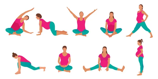 Hamile kadınlar egzersiz yoga karakterleri modern bir karikatür tarzında ayarlayın.