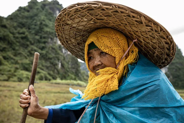 Alte Frau Mit Großem Strohhut Aus Vietnam — Stockfoto