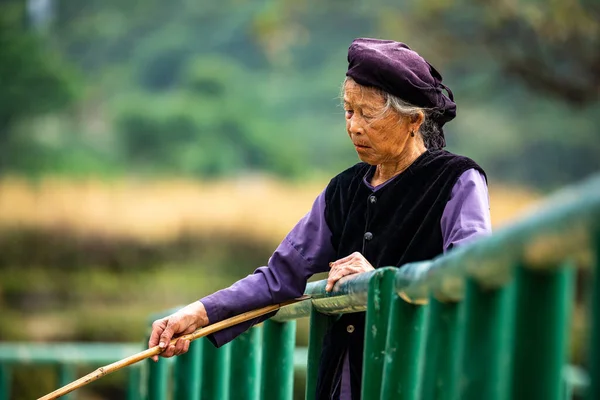 Vietnam Daki Yaşlı Kadın Nehirde Balık Tutuyor — Stok fotoğraf