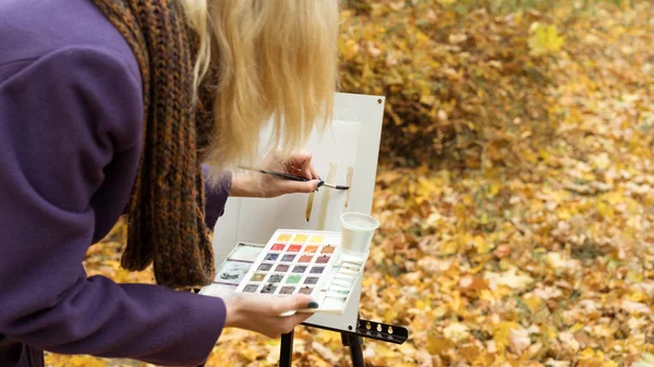 Detail mladá dívka malíře, který maluje obraz na malířském stojanu na podzim park — Stock fotografie