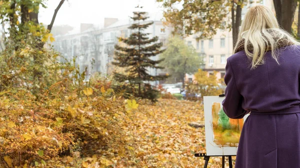 La joven pinta un cuadro en el parque de otoño — Foto de Stock