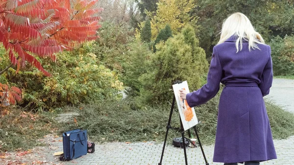 La joven pinta un cuadro en el parque de otoño — Foto de Stock