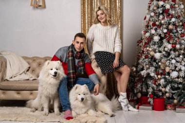 Mutlu sevgi dolu genç insanlar ve köpekler Noel ağacı yakınındaki eğleniyor