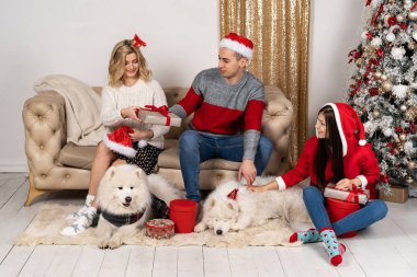 Mutlu aile şık kazak ve binalar ile Noel ağacı şirin komik köpek
