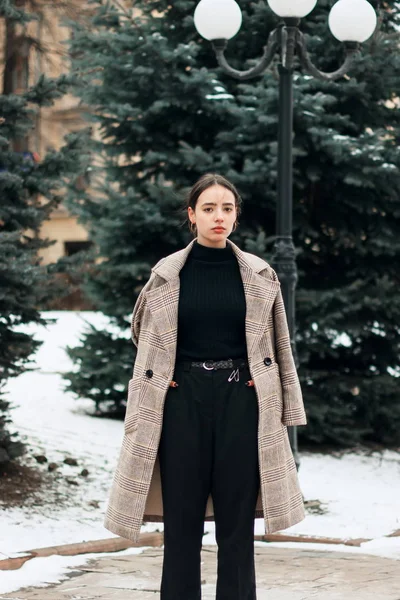 Retrato al aire libre de la joven hermosa morena en abrigo gris — Foto de Stock