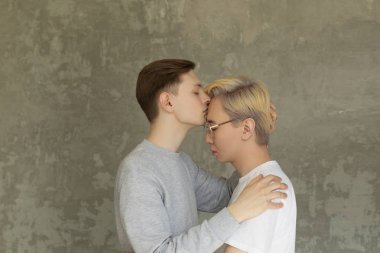 Uluslararası şehvetli gay erkekler, sarışın Asya adam ve esmer Avrupa veren öpücük, kucaklayan, duygu tutku