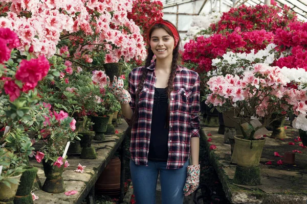 Retrato de una joven jardinero sonriente con coletas sosteniendo maceta elige qué flor trasplantar — Foto de Stock