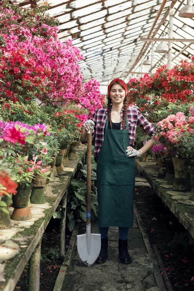 Niña sonriente jardinero en delantal y guantes con una gran pala y mano en la cintura en invernadero — Foto de Stock