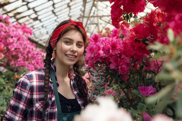 Ανοιξιάτικα και καλοκαιρινά λουλούδια. Χαρούμενη γυναίκα κηπουρός σε ρούχα εργασίας κοιτάζοντας την κάμερα — Φωτογραφία Αρχείου