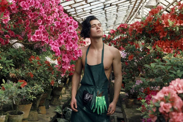 Guapo florista joven masculino con pelo largo y oscuro usando delantal verde — Foto de Stock