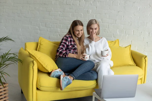 Lycklig ung kvinnlig lesbisk par i casual kläder sitter tillsammans på gula soffan hemma, tittar rolig film på laptop — Stockfoto