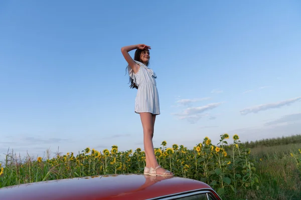 Hermosa chica adolescente en vestido de rayas azules de pie en el techo del coche rojo entre el campo de girasoles, sosteniendo la mano cerca de la cabeza y mirando a la distancia — Foto de Stock