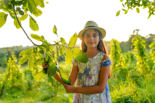 Sensual calm portrait of beautiful young girl with natural healthy skin wearing white dress and hat looking at the camera and holding a branch, sunset on the background