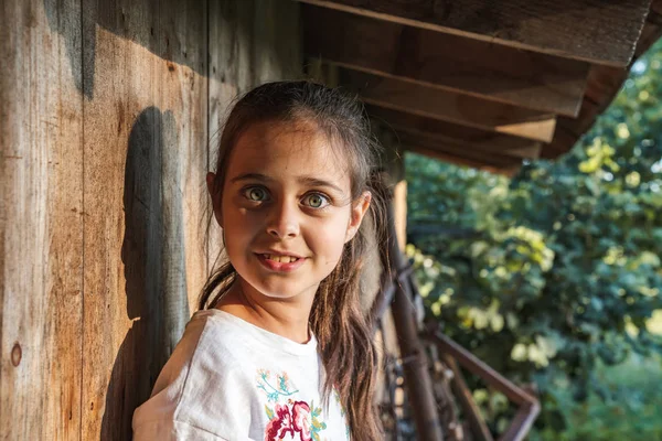 Jeune fille aux cheveux bruns regardant choqué par la caméra avec de grands yeux verts, appuyé sur un mur en bois — Photo