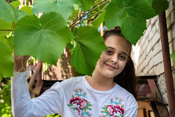Petite fille mignonne en t-shirt blanc regardant hors des branches de vigne, photo de plein air — Photo