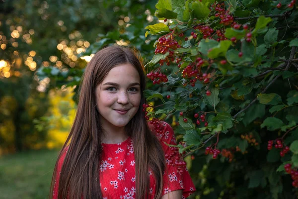 Shy cute teen girl with red hair and freckles standing near the bush of viburnum and looking at the camera