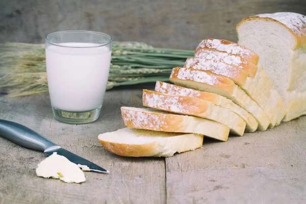 Bread Milk Butter Wood Table Retro Style — Stock Photo, Image