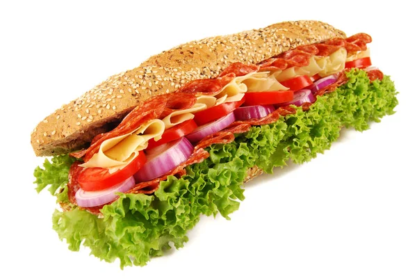 Salami Schinken Käse Baguette Sandwich Auf Isoliertem Weißen Hintergrund — Stockfoto