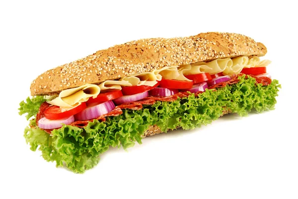 Salami Schinken Käse Baguette Sandwich Auf Isoliertem Weißen Hintergrund — Stockfoto