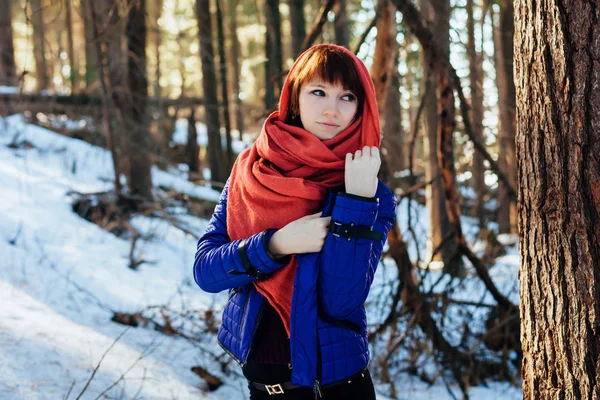 Portrait of a girl in a Sunny winter forest, which stands near a tree in a blue jacket and a red scarf.