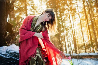 Altın elbiseli güzel bir kız bir bahar güneşli ormanda oturur bir