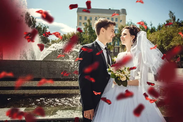 Retrato de bela noiva e noivo no fundo de r vermelho — Fotografia de Stock