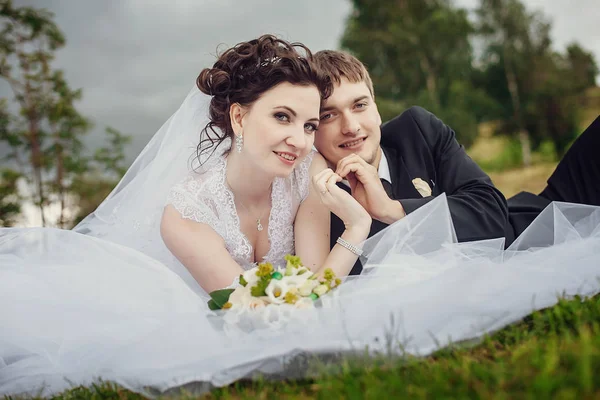 Glückliche Braut und Bräutigam sitzen Sommer auf dem Gras im Park und en — Stockfoto