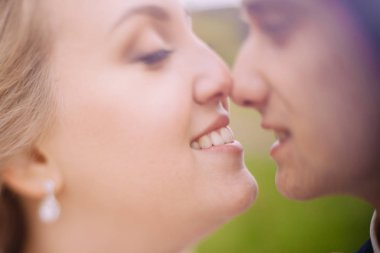 Gelin ve damat şefkatle uçan bir peçe güzel resimler gölgesinde öper. çocuklar keyfini çıkarın. Aşıkların seksi öpüşme şık çift portre kadar kapatın