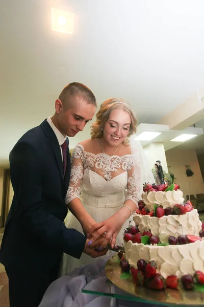 Noiva e um noivo está cortando seu bolo de casamento rústico no banquete de casamento. As mãos cortam o bolo com flores rosa delicadas. — Fotografia de Stock