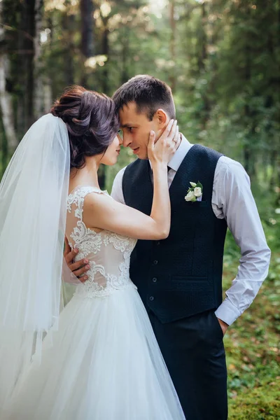 Hermoso retrato de la novia y el novio felices en el fondo del bosque verde —  Fotos de Stock
