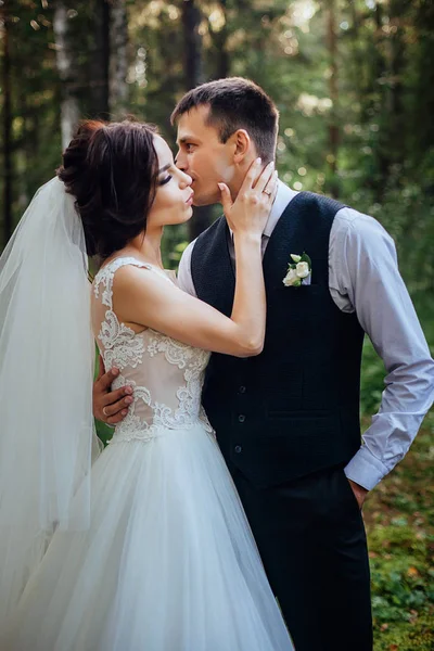 Hermoso retrato de la novia y el novio felices en el fondo del bosque verde — Foto de Stock