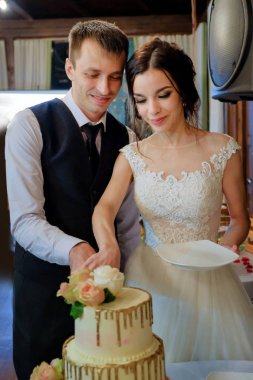 Gelin ve Damat Düğün pastası birlikte kesti. Düğün kavramı