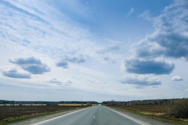 Bir sonbahar gününde tarlalar boyunca uzun, boş, gri bir yol. Seyahat c