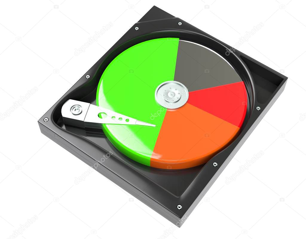 Hard disk drive inside with free and data diagram 3d illustration