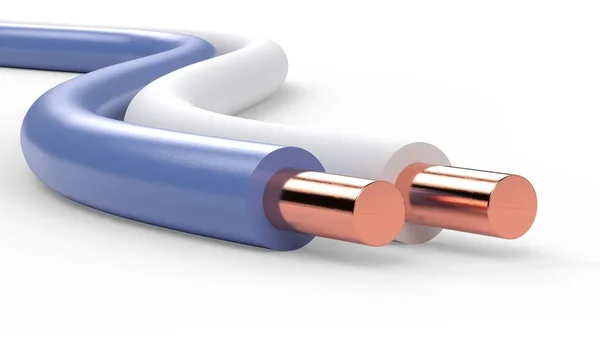 Beyaz ve mavi yalıtımı ile elektrik kablosu tel çifti 3d illüstrasyon izole