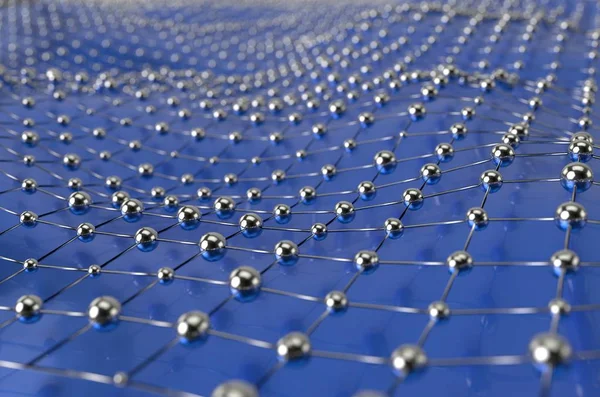 Malla azul metálica de marco alámbrico azul con fondo abstracto de paisaje de onda de bola. Big data 3d ilustración . —  Fotos de Stock
