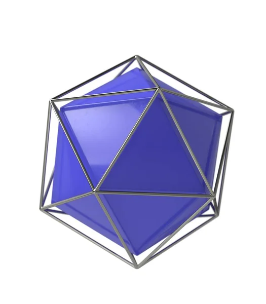 Icosaedron 3d geometrinen tilavuus sininen kiinteä muoto langallinen runko metalli vankilassa, 3d kuva — kuvapankkivalokuva