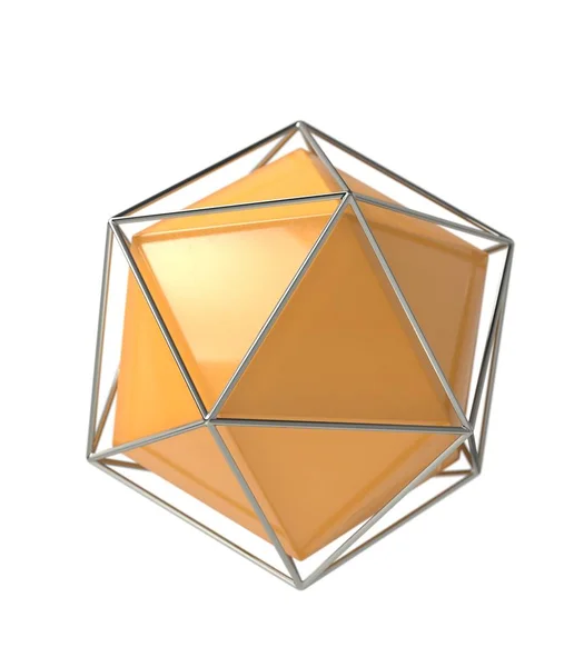 Icosahedron 3D geometrisk volym gul solid form i wireframe metall fängelse, 3D illustration — Stockfoto