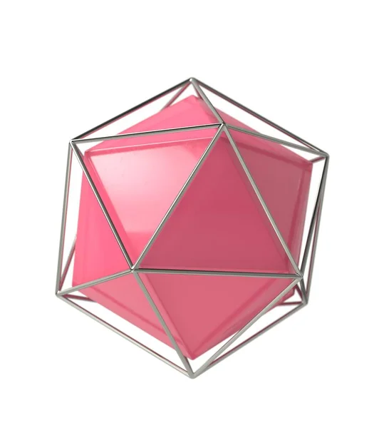 Icosahedron 3D geometrisk volym röd solid form i wireframe metall fängelse, 3D illustration — Stockfoto