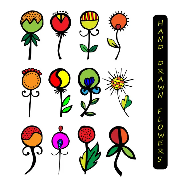 Набор векторных ручных рисунков декоративных стилизованных детских цветов. Лапша, графическая иллюстрация. Декоративный милый ручной рисунок в красных, оранжевых и зеленых тонах . — стоковый вектор