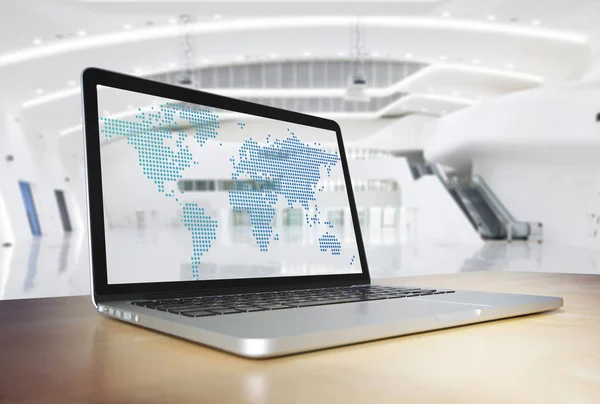 Pantalla Computadora Transparente Con Puntos Mapa Del Mundo Concepto Oficina — Foto de Stock